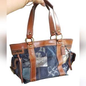 COACH leather and denim jean patchwork shoulder bag purse